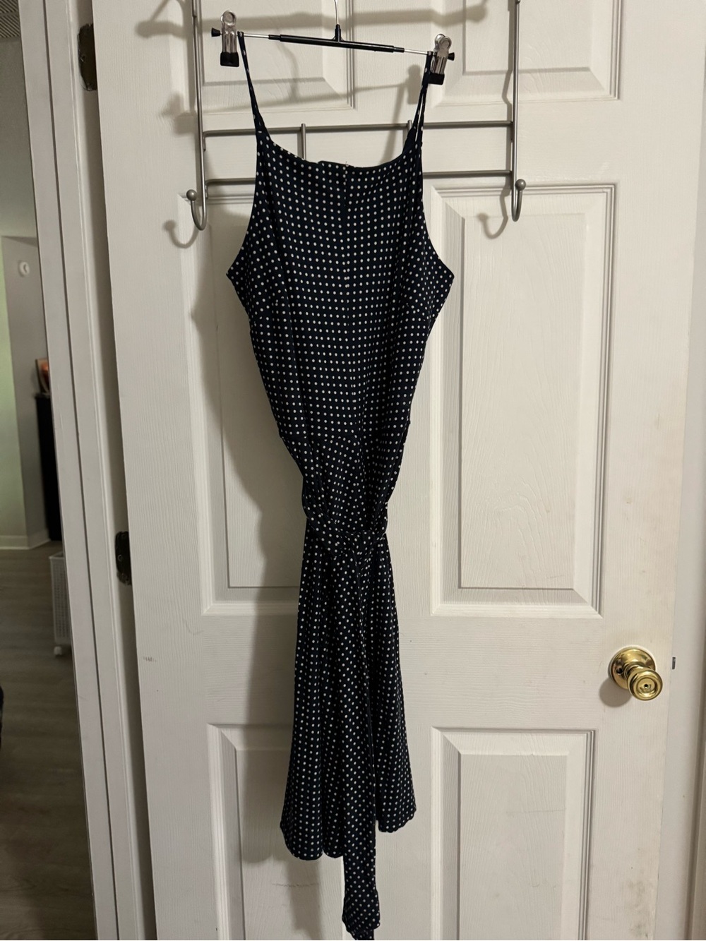 Ann Taylor Navy Polka Dot Sleeveless Tie Waist Stretch Dress